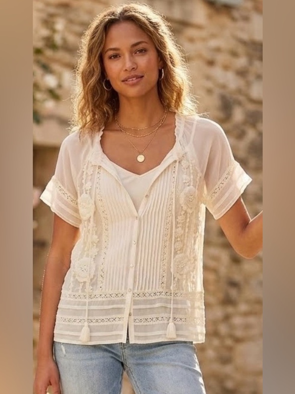 Sundance Cream Lace Embroidered Sheer Button-Front Blouse Sz M